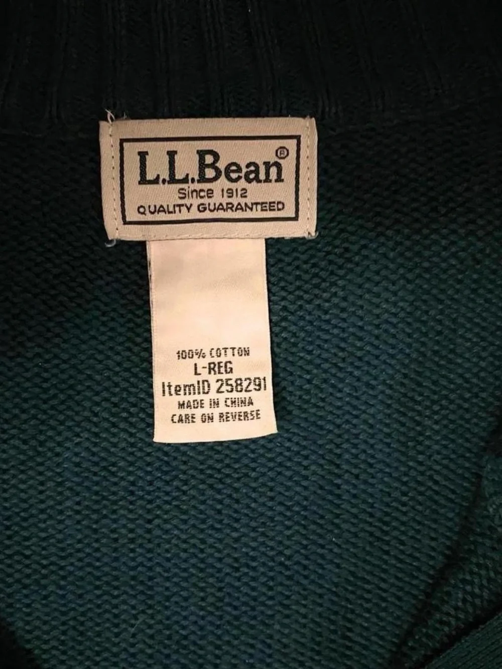 L.L.Bean Half Zip Green‎ Sweater Large Sweatshirt Knit Turtleneck 100% Cotton